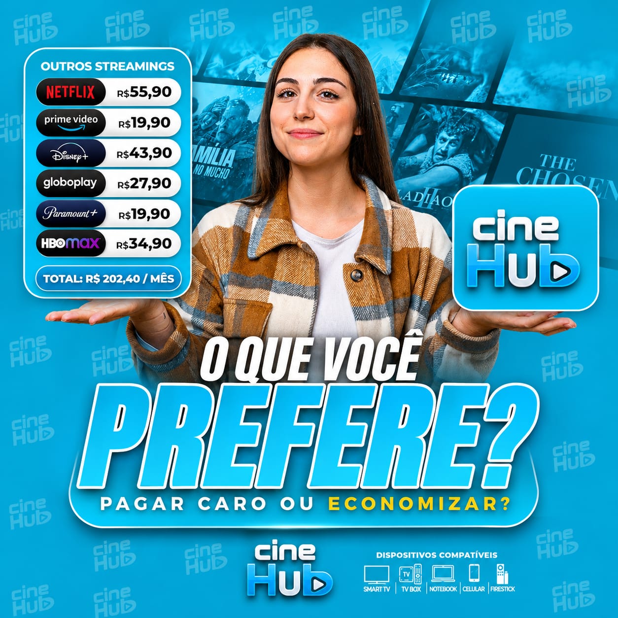 Comparativo Cine Hub: outros streamings somam mais de R$ 200 por mês. Economize com um só acesso.